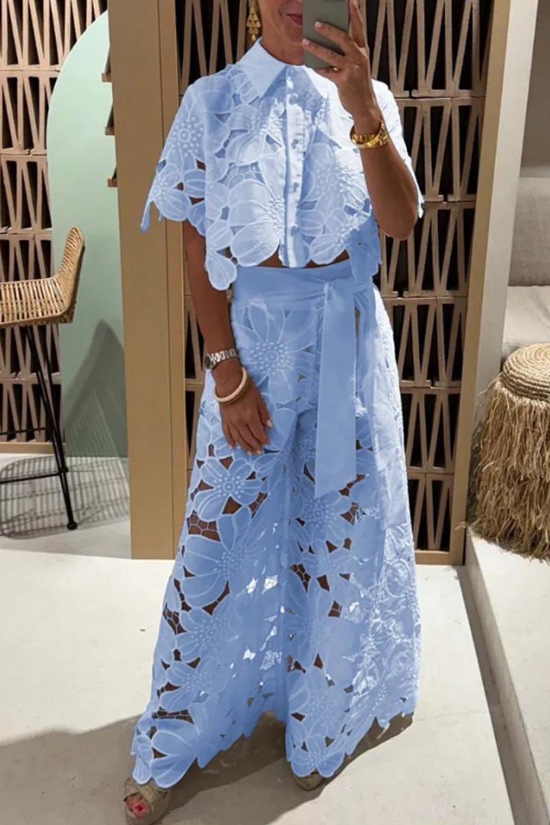 Open-necked sweater and wide-leg pants set