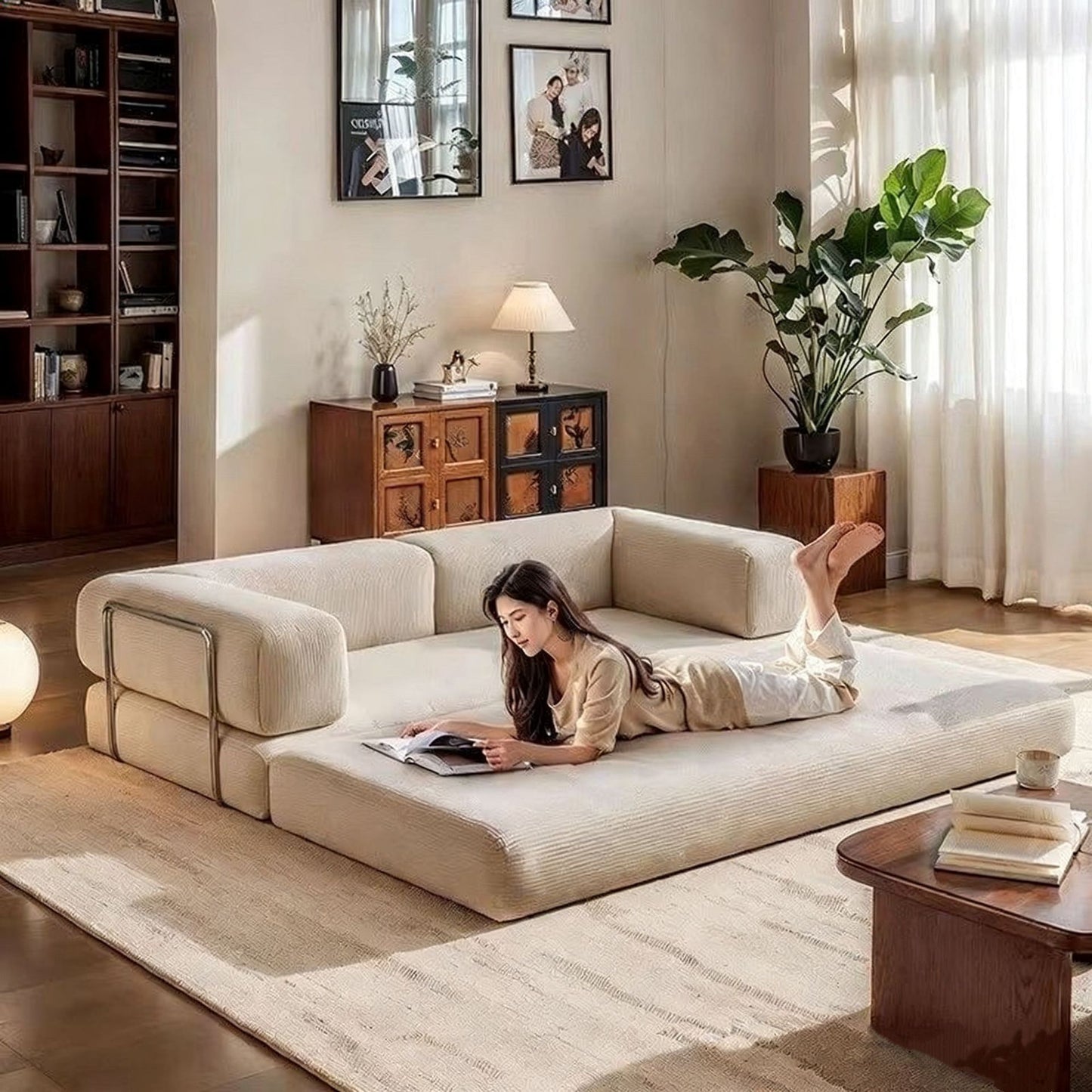 Foldable Corduroy Sofa Bed with Modular Design