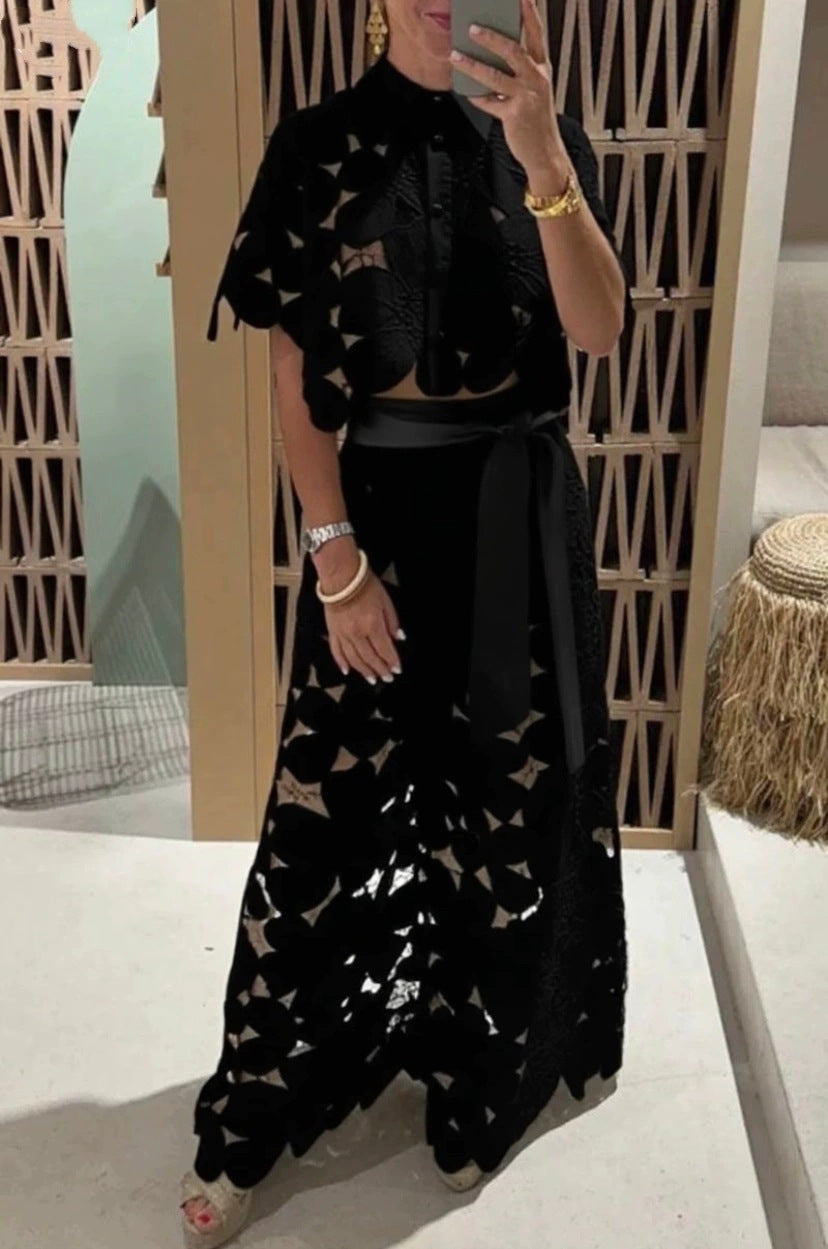 Open-necked sweater and wide-leg pants set
