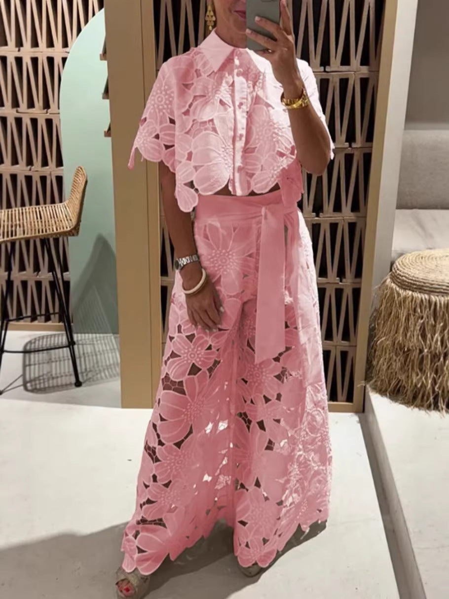 Open-necked sweater and wide-leg pants set