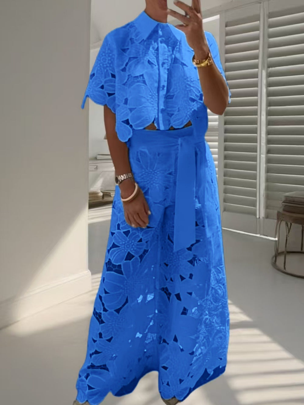 Open-necked sweater and wide-leg pants set