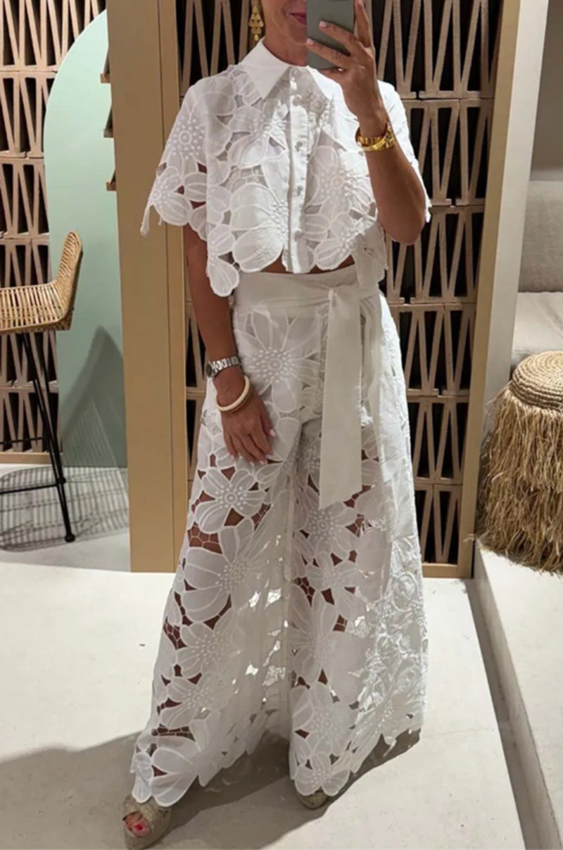 Open-necked sweater and wide-leg pants set