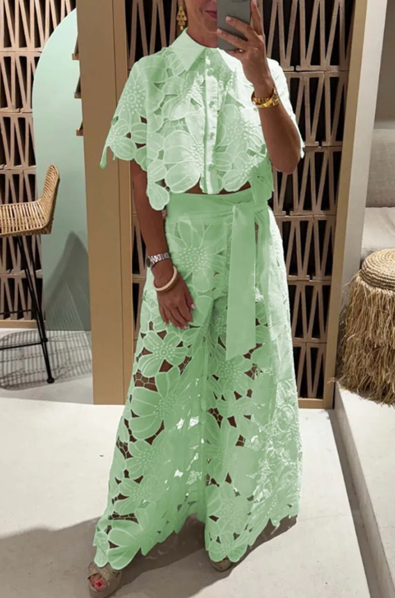 Open-necked sweater and wide-leg pants set